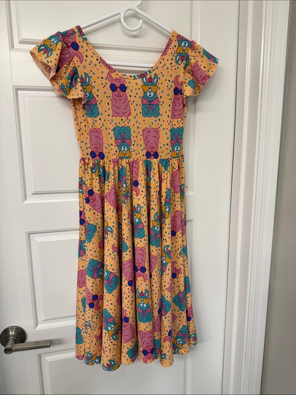 Dot Dot Smile Peach Dress with Pink & Teal Llama Print